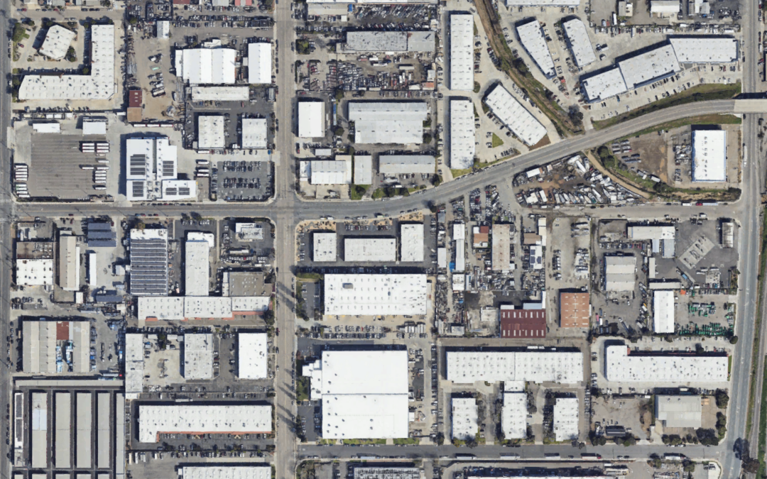 aerial image of warehouse buildings in California.